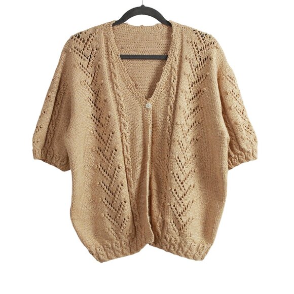 Hand Crafted Sweaters - Handmade Yellow Mixed-knit Short Sleeve Cardigan